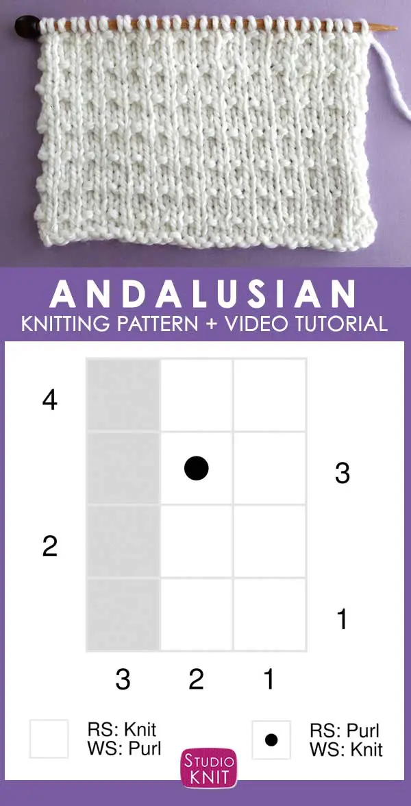 Knitting Chart Andalusian Knit Stitch Pattern by Studio Knit with Free Pattern and Video Tutorial