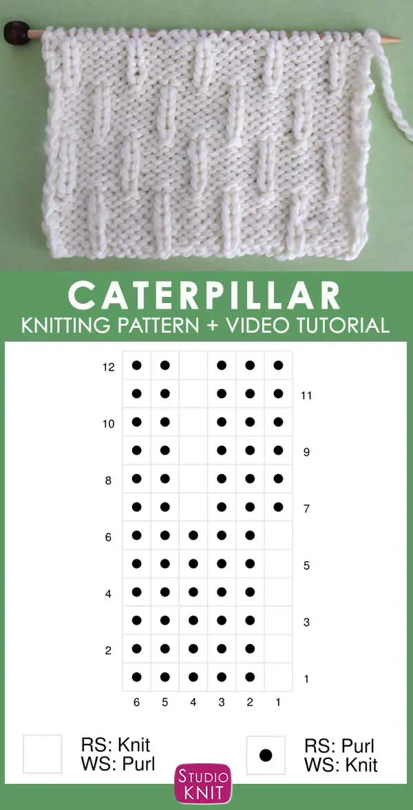 Knitting Chart of Caterpillar Knit Stitch Pattern Chart with Video Tutorial by Studio Knit