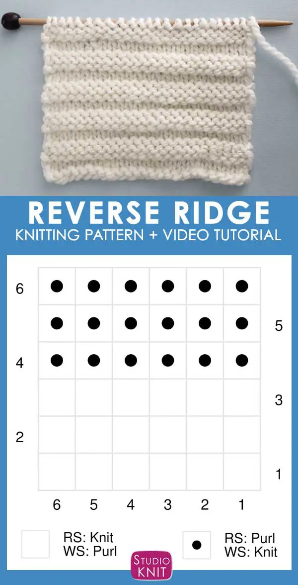 Knitting Chart Reverse Ridge Knit Stitch Pattern by Studio Knit with Free Pattern and Video Tutorial