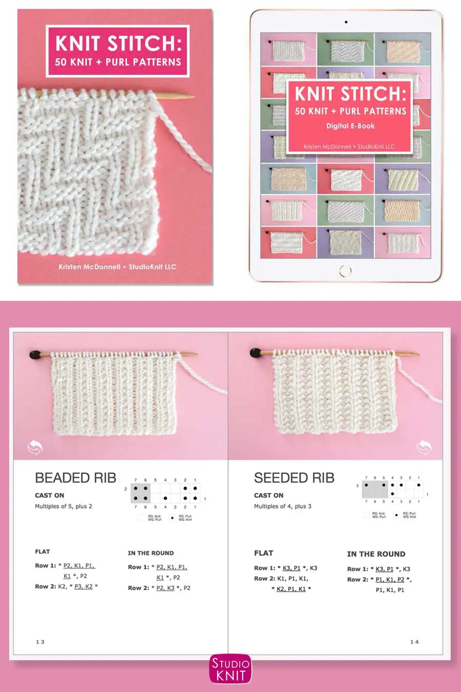 Knit Stitch Pattern Book with Beaded Rib and Seeded Rib Stitch Patterns