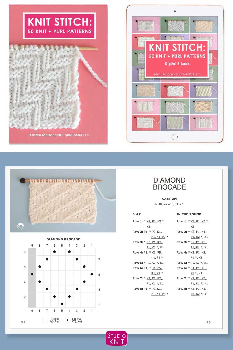 Knit Stitch Pattern Book with Diamond Brocade Stitch Pattern by Studio Knit