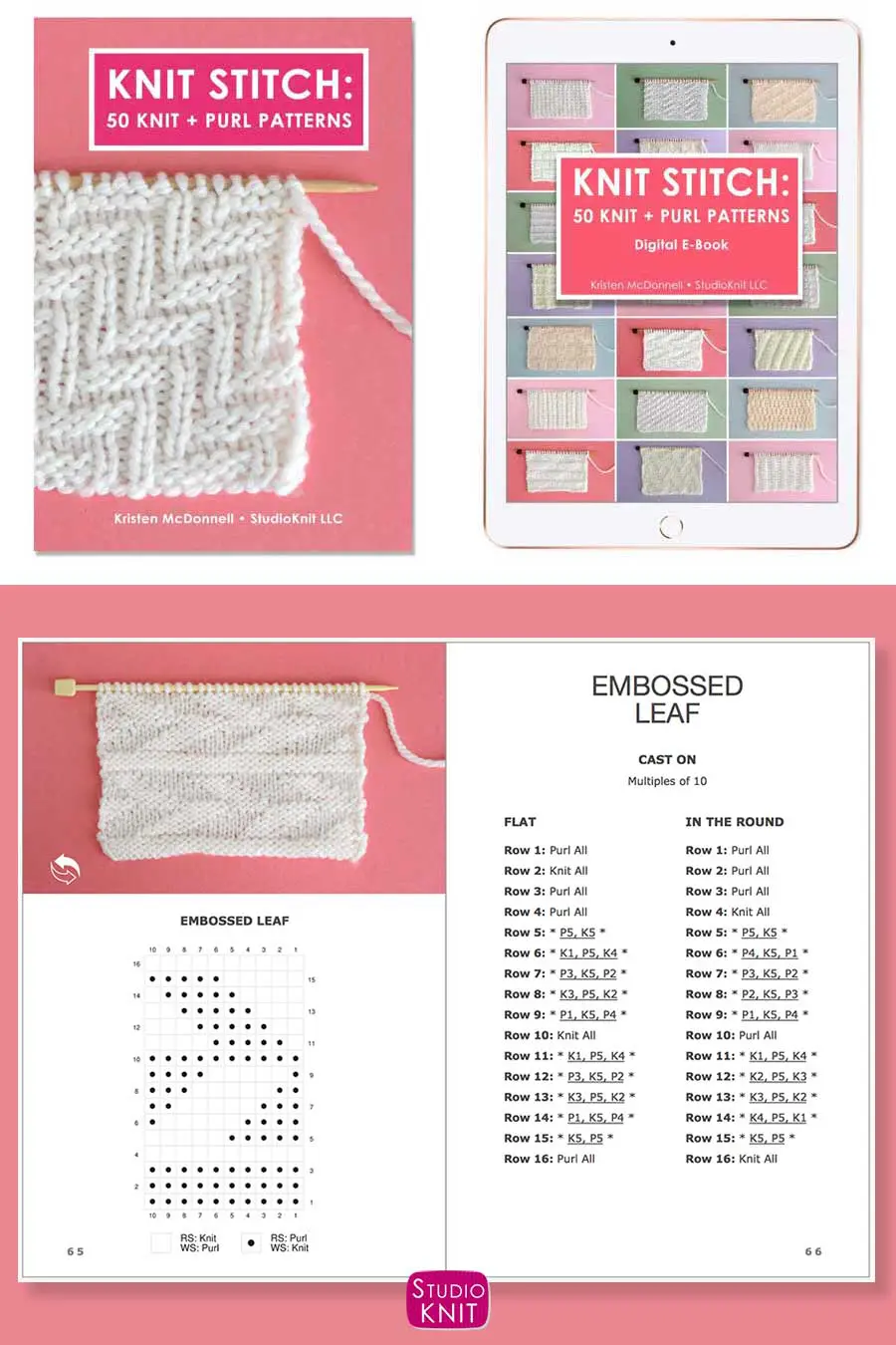Inside Knit Stitch Pattern Book of Embossed Leaf knitted swatch page