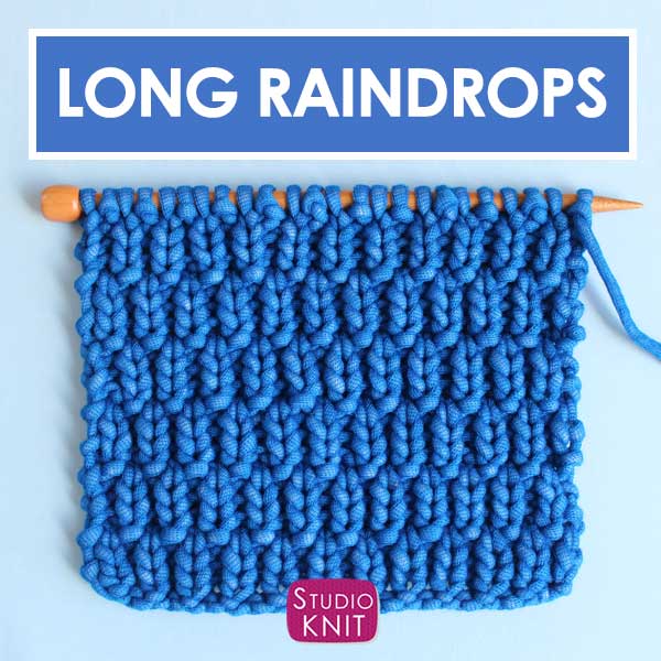 Long Raindrops Stitch Knitting Pattern in blue yarn on knitting needle