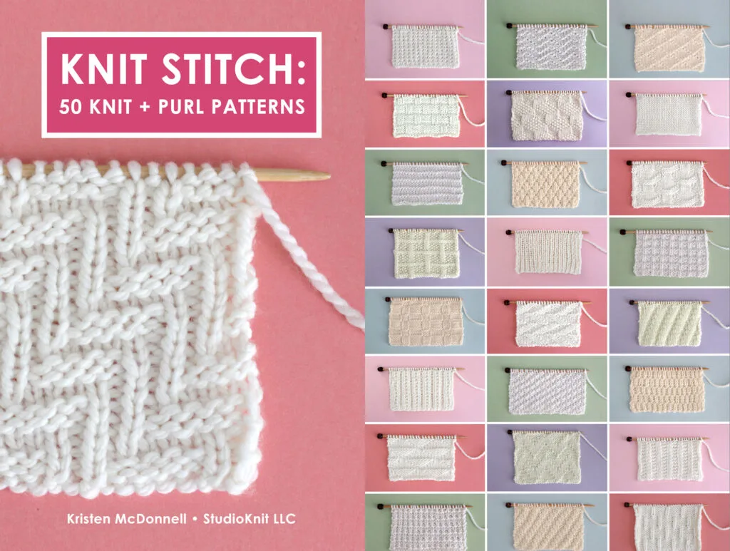 Book cover and back of the Knit Stitch: 50 Knit and Purl Patterns by Kristen McDonnell from Studio Knit with samples of knitted swatches in white yarn on colorful backgrounds.