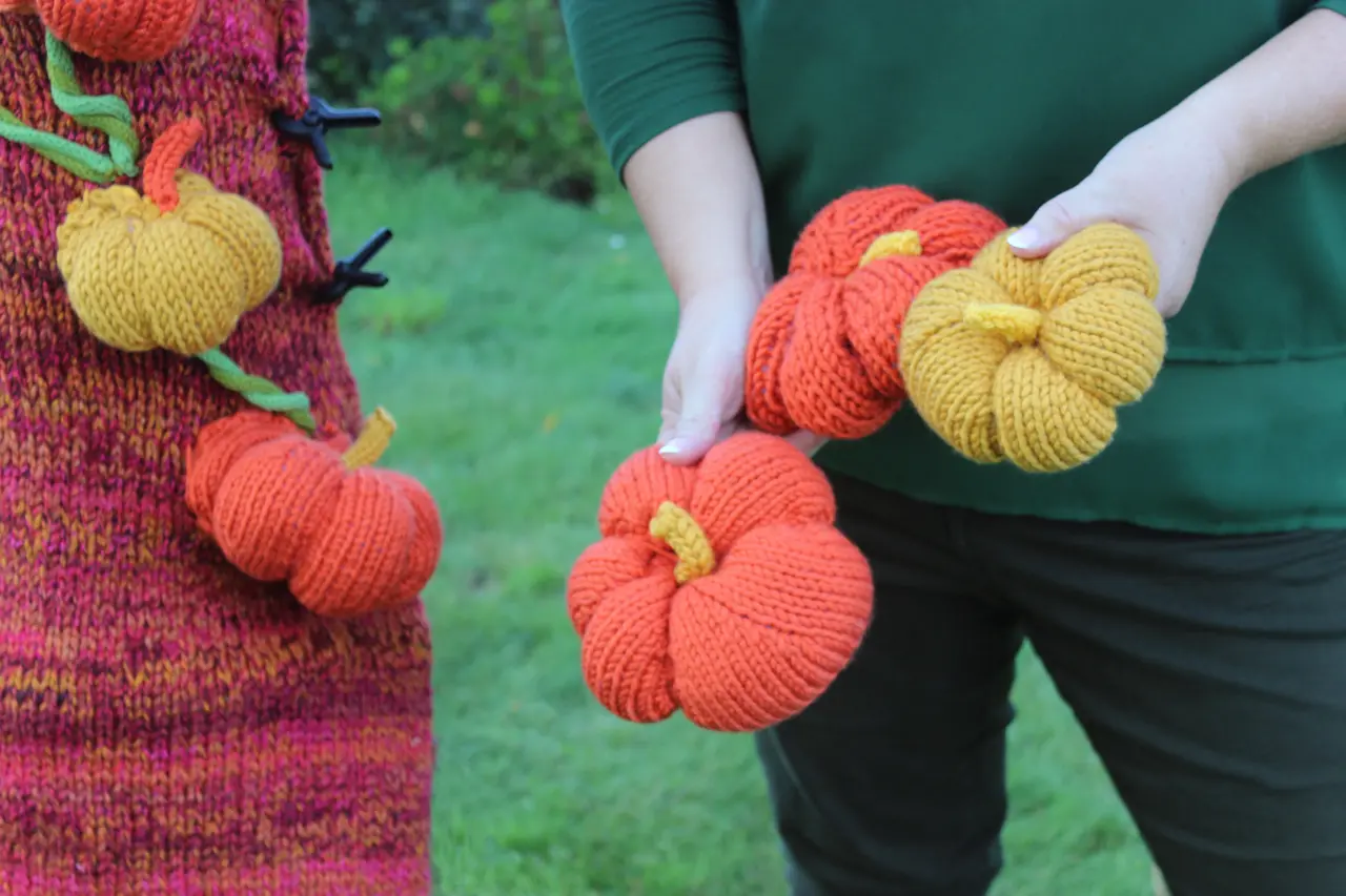 Hand knit pumpkins by Studio Knit for yarnbomb art installation in Salesforce Park