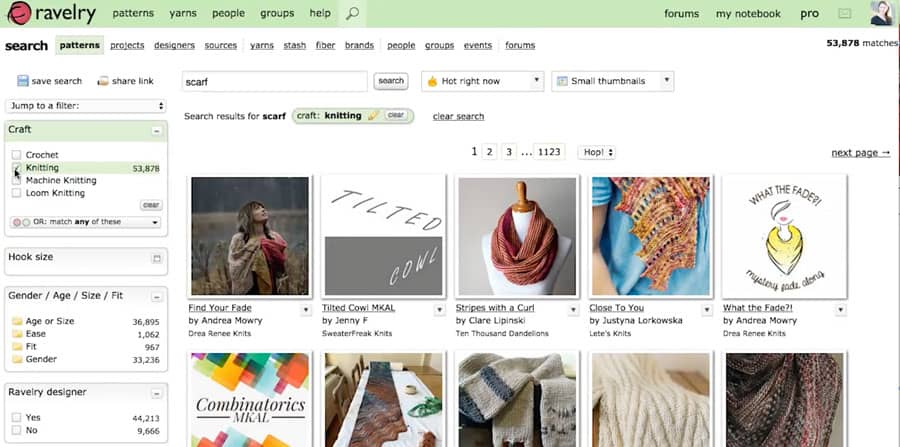 Ravelry Knitting Website Pattern Search Screenshot