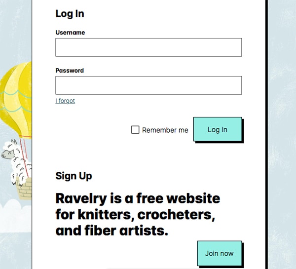 Log-in screen for Ravelry website with username and password fields.