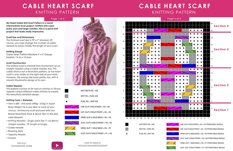 Written Pattern on the Heart Cable Knit Scarf by Studio Knit