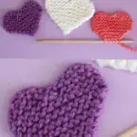 4 knitted hearts with knitting needle