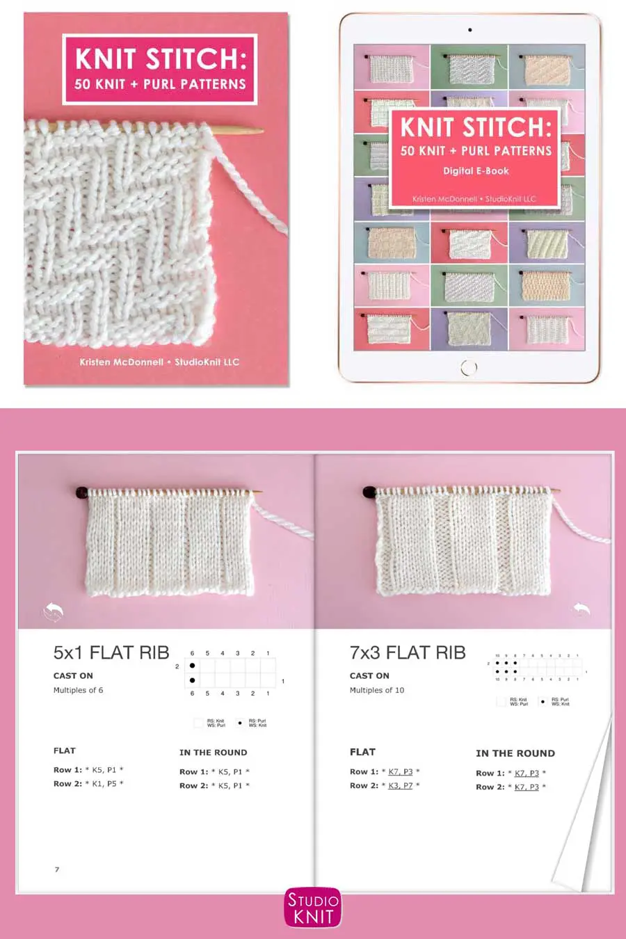 Knit Stitch Pattern Book with 5x1 Flat Rib and 7x3 Flat Rib Stitch Patterns