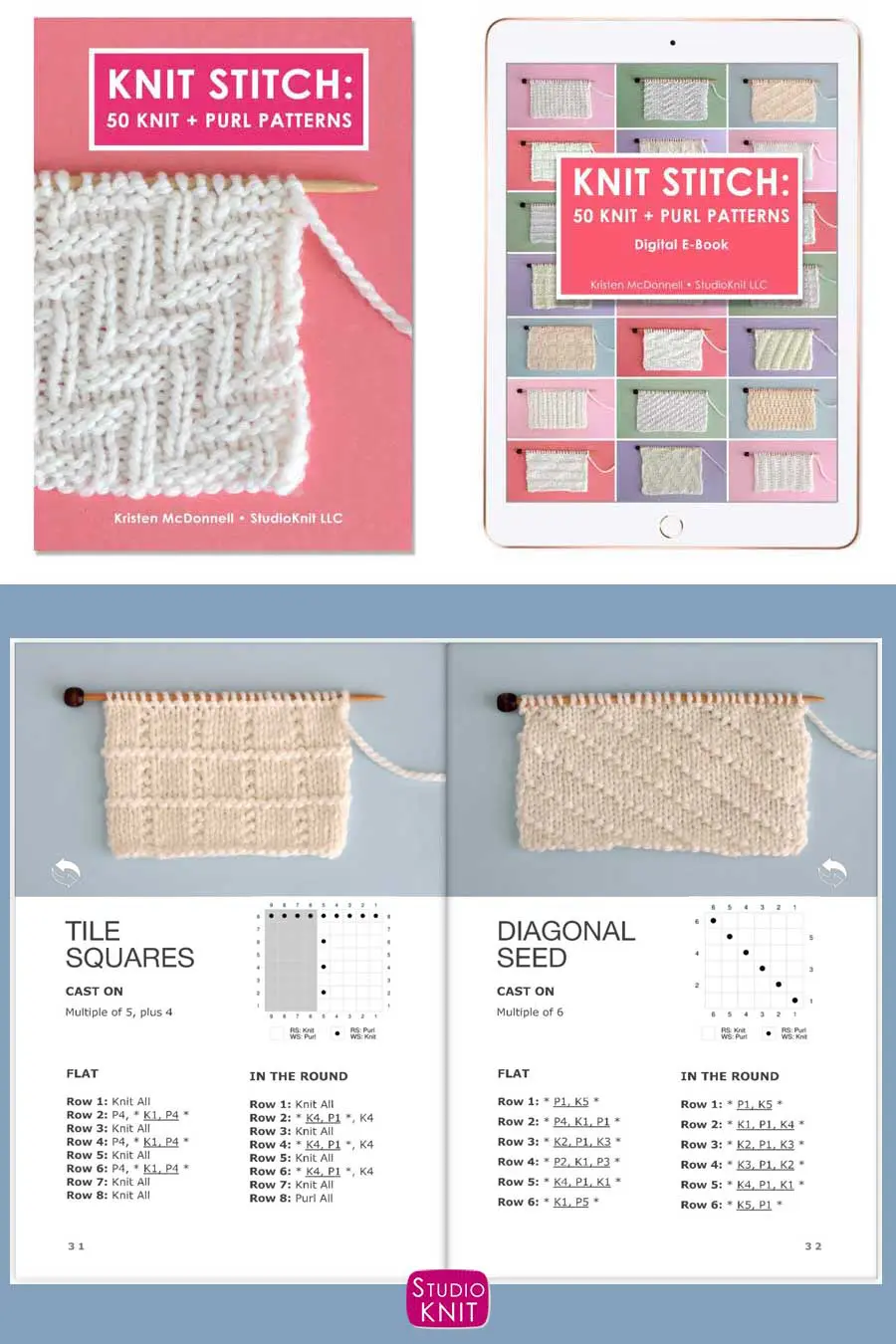 Knit Stitch Pattern Book with Tile Squares and Diagonal Seed Stitch