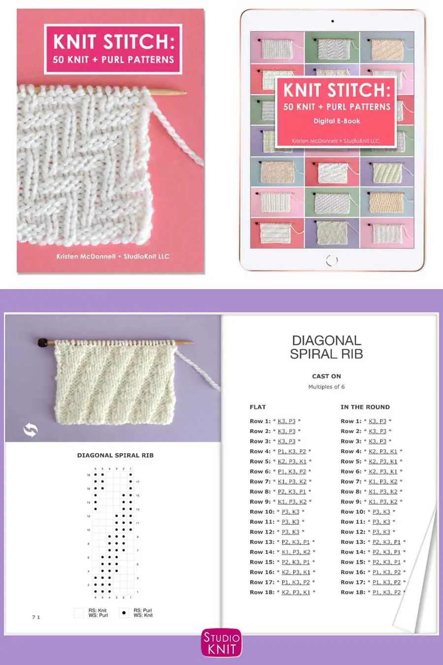 Knit Stitch Pattern Book with Diagonal Spiral Rib Stitch