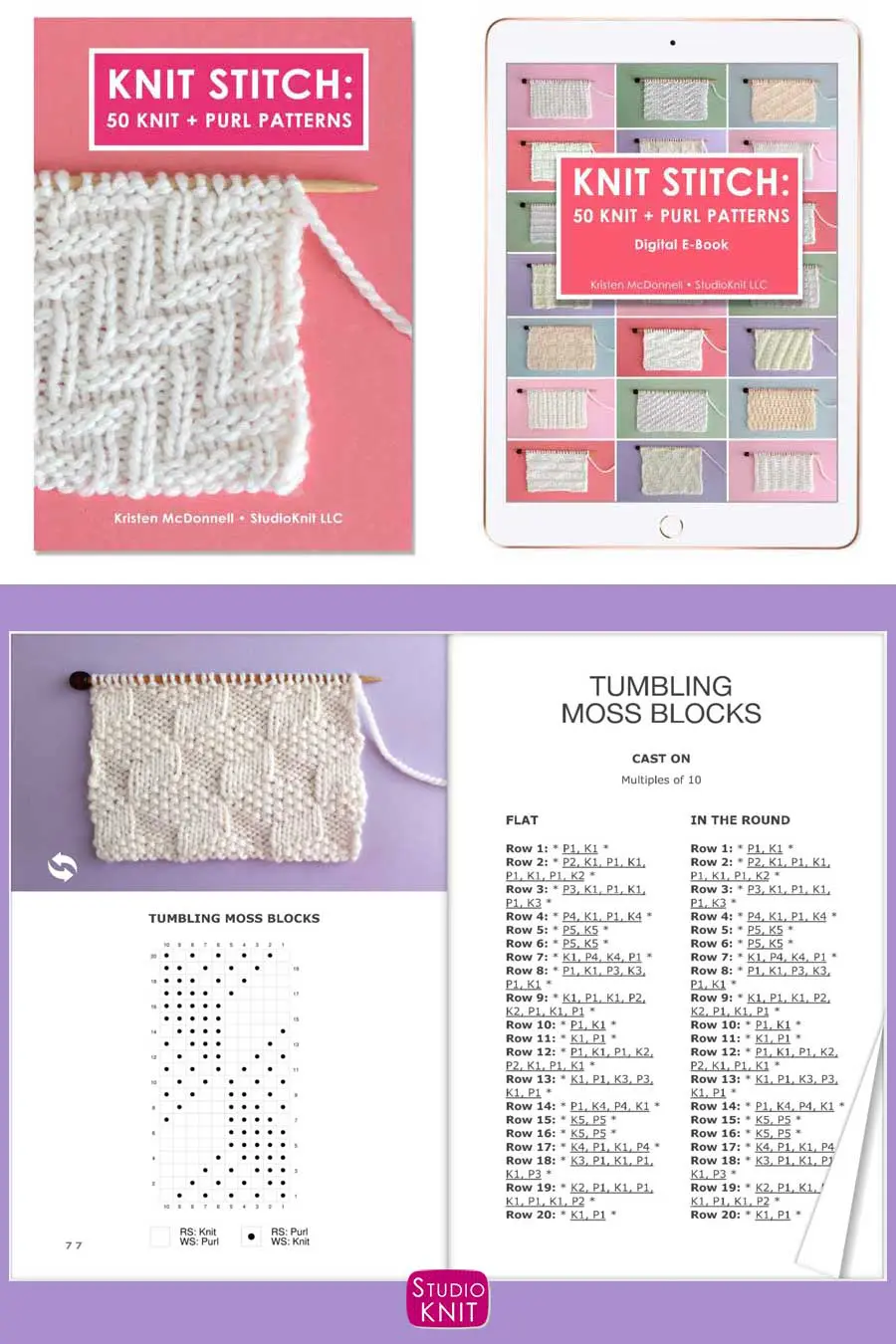Knit Stitch Pattern Book with Tumbling Moss Blocks Stitch