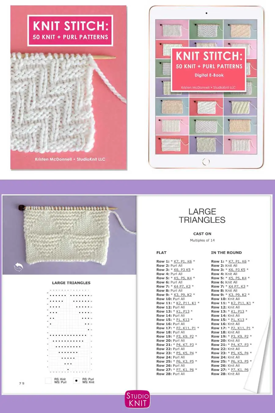 Cover of Knit Stitch Pattern Book with Large Triangles written pattern and knitting chart
