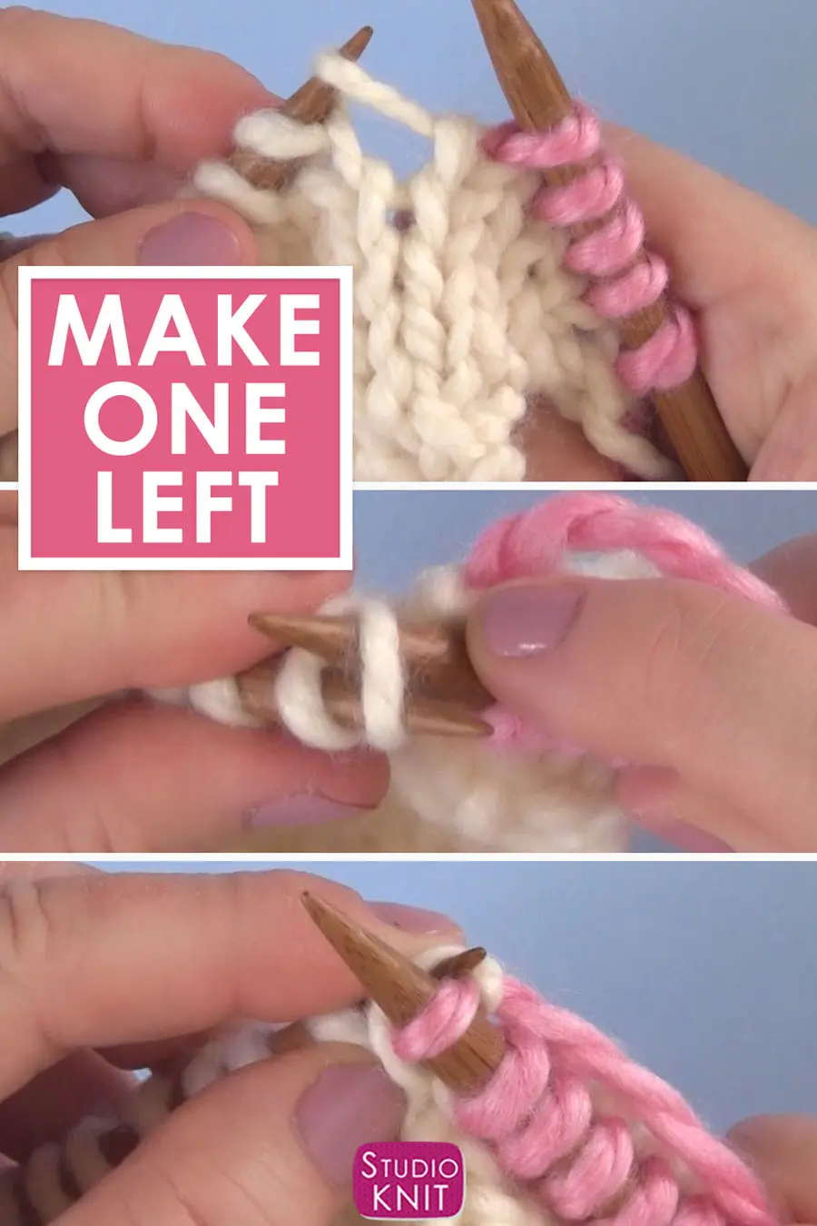 Left Knitting Increase Steps with yarn and knitting needles