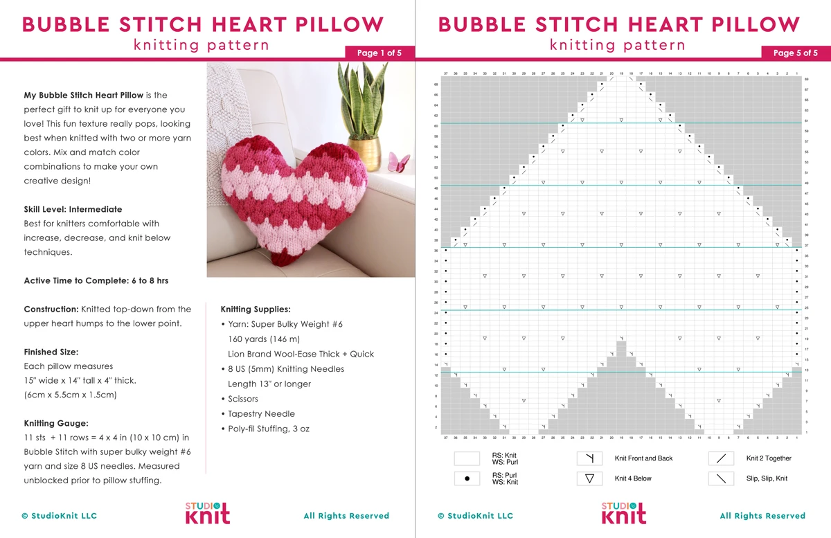 Written knitting pattern for Bubble Stitch Heart Pillow project.