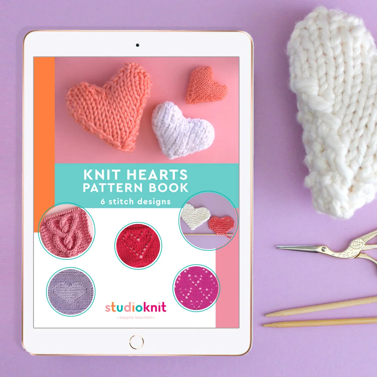 Cover of Knit Hearts Pattern E-Book on mobile tablet.