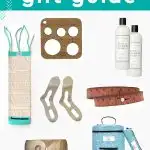 Knitting Gift Guide by Studio Knit with needle gauge, organizer, yarn bowl, sock blockers, yarn bag, wrist measuring tape bracelet, and wool shampoo