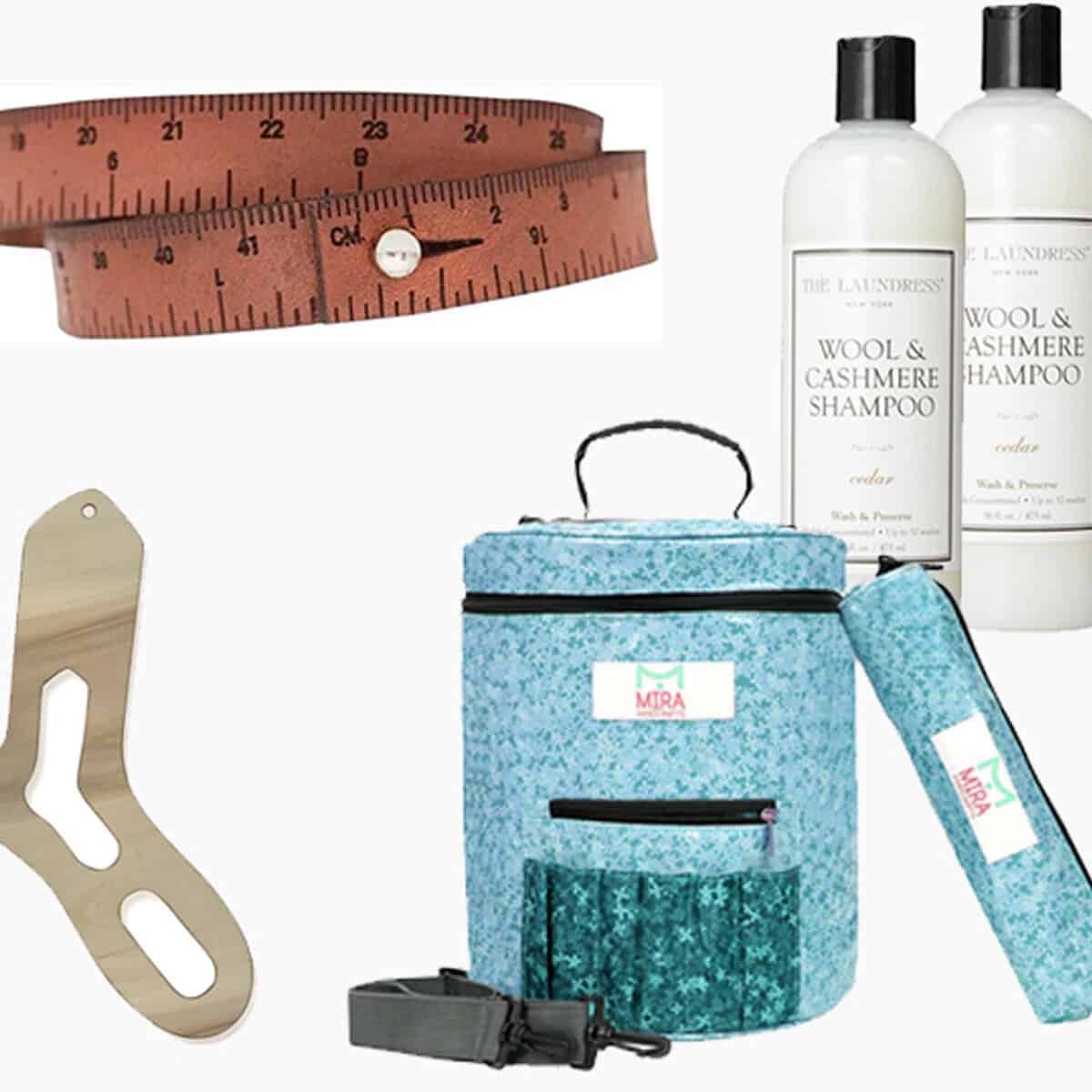 Knitting Gift Guide with needle gauge, organizer, yarn bowl, sock blockers, yarn bag, wrist measuring tape bracelet, and wool shampoo