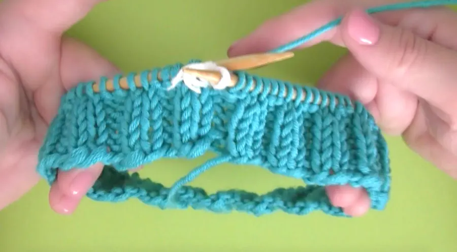 Bubble Beanie Hat Brim in blue yarn in 2x2 Rib Stitch Pattern