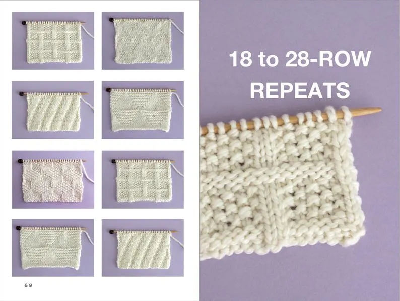 18 TO 28 ROW REPEATS with knitting stitch samples in white yarn on purple background