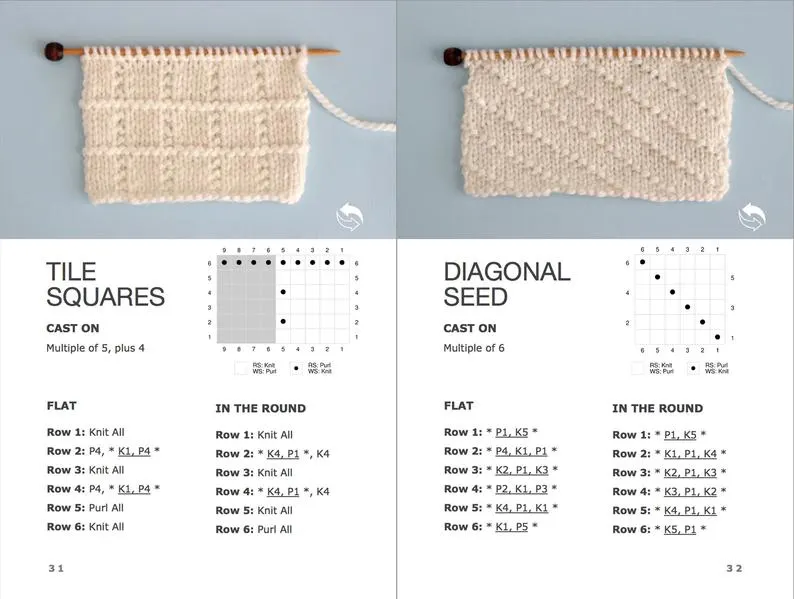 Tile Squares and Diagonal Seed Stitch patterns with written knitting instructions and chart