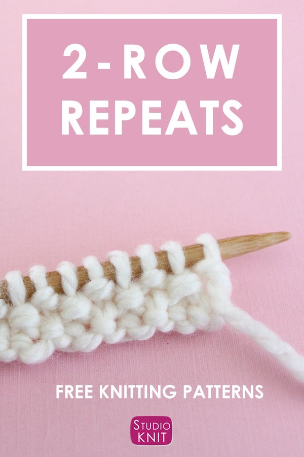 2-Row Repeats Knit Stitch Pattern with seed stitch in white yarn on a bamboo wood knitting needle atop a pink background