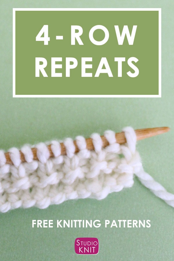 4-Row Repeats Knit Stitch Pattern with white yarn on singular knitting needle on a green background