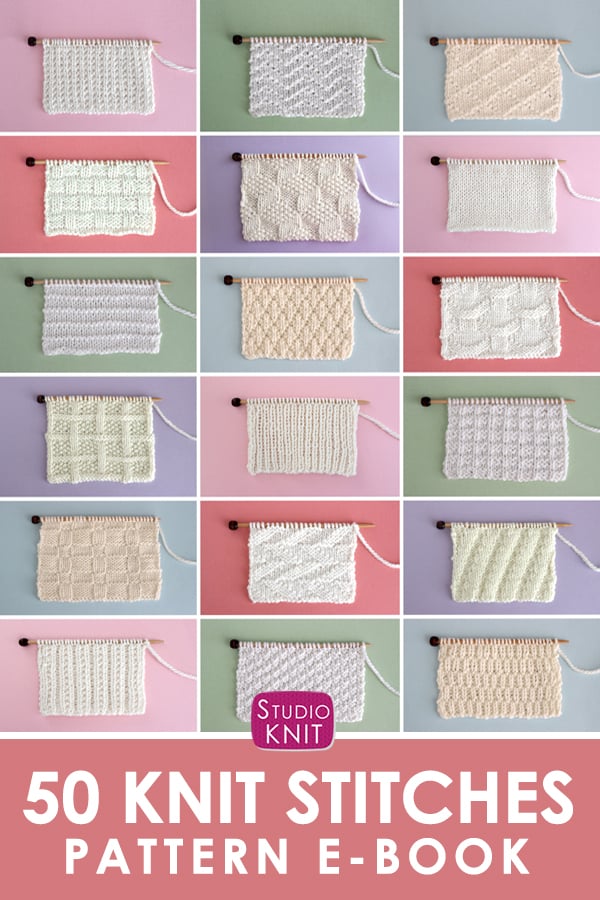 50 Knit Stitches Pattern E-Book with samples of textured knitting atop colorful backgrounds