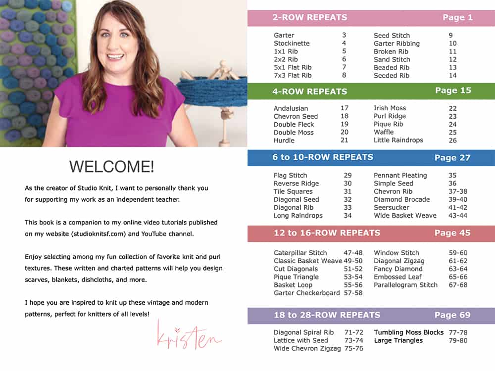 Author Kristen McDonnell and Table of Contents from Knit Stitch Pattern Book