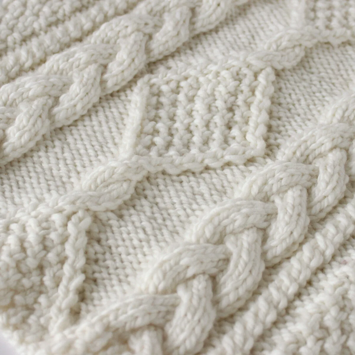 Celtic Cable Knitting Pattern swatch in white yarn.