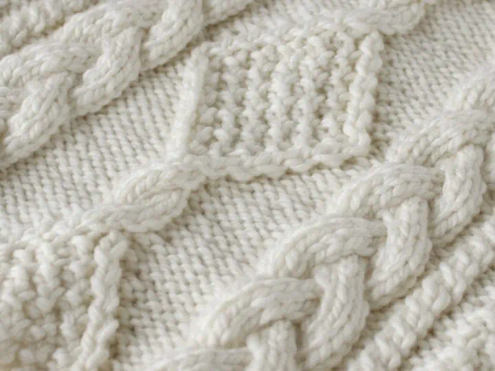 Celtic Cable Knitting Pattern swatch in white yarn.