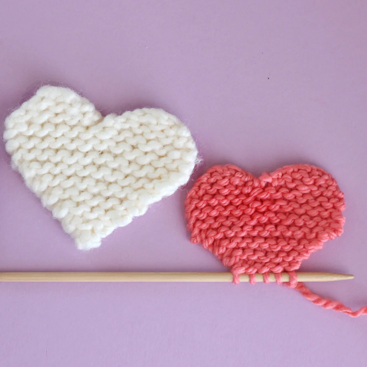 two knitted hearts in garter stitch