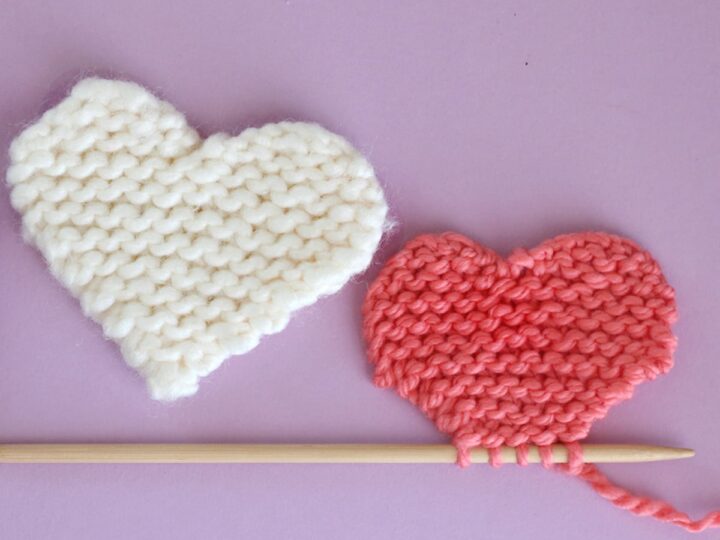 two knitted hearts in garter stitch
