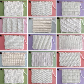 Collection of 15 knit stitch pattern textures in white yarn on knitting needles