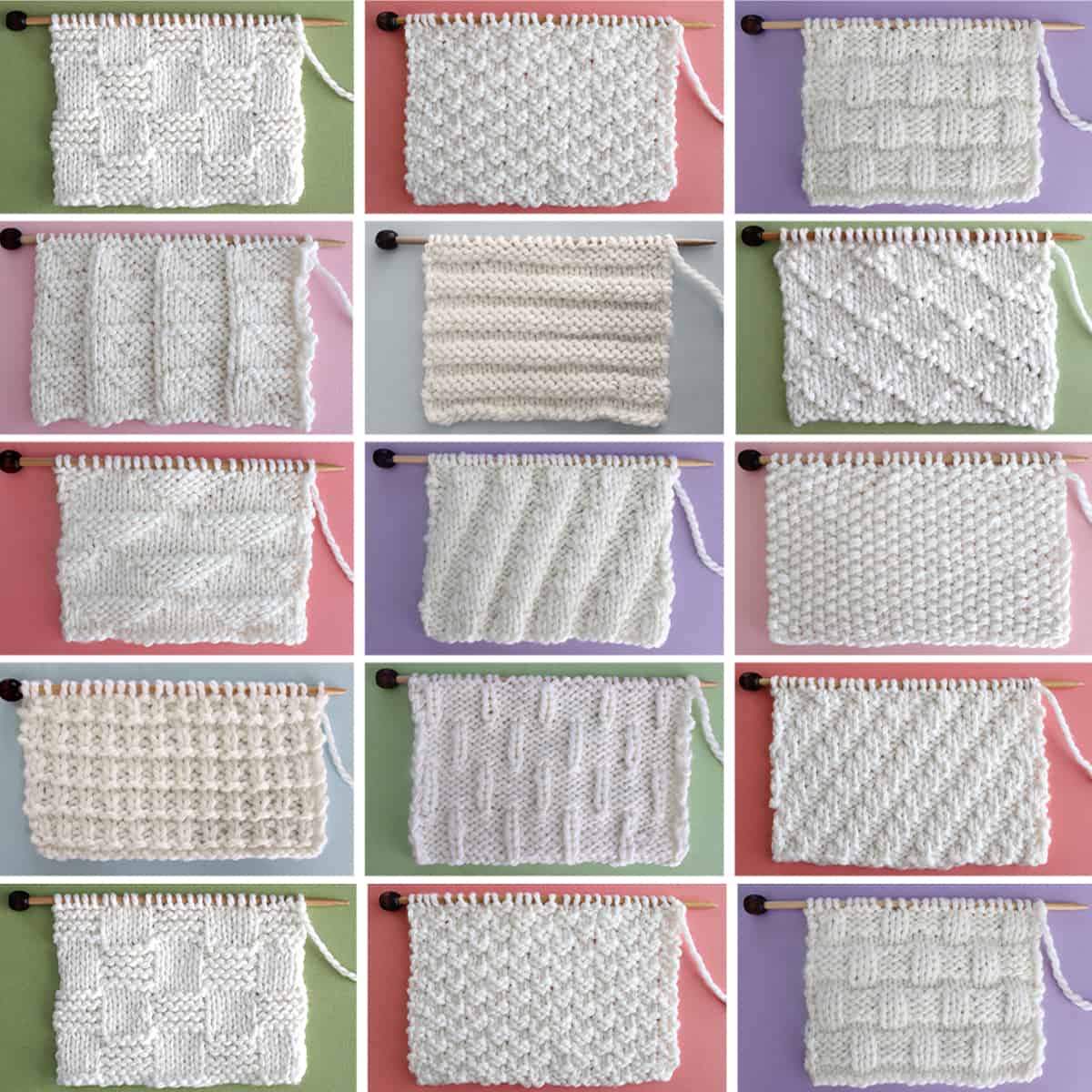 Collection of 12 knit stitch pattern textures in white yarn on knitting needles
