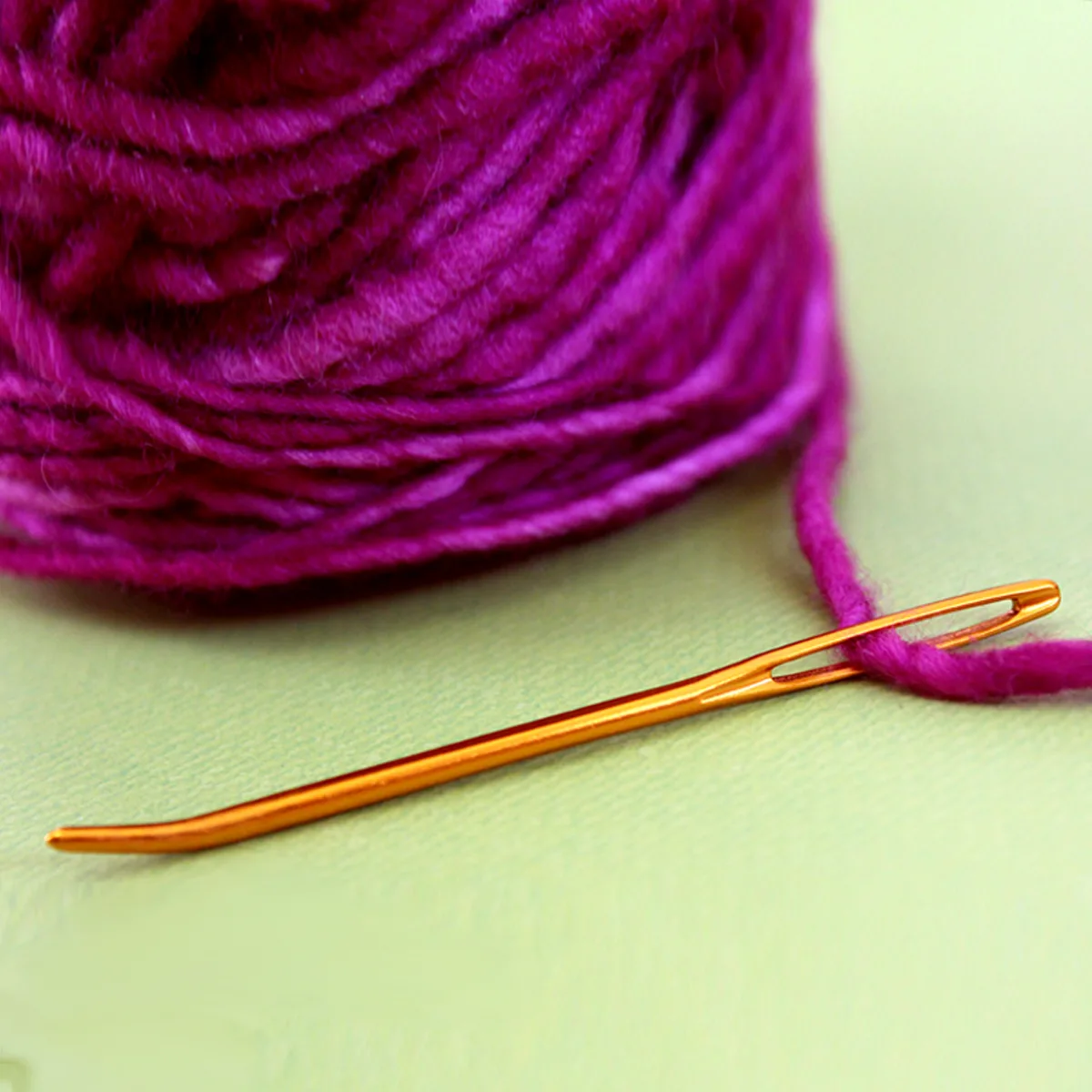 Tapestry Needle threaded with bright purple yarn atop a green background.