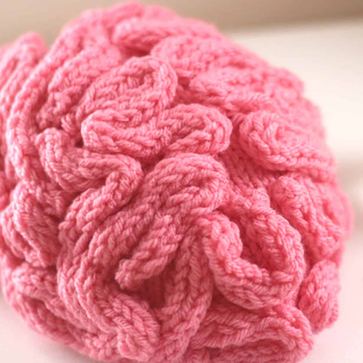 Knitted Brain Hat in pink color yarn.