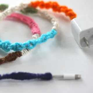 Mobile Phone Cord wrapped with multi-colored yarn.