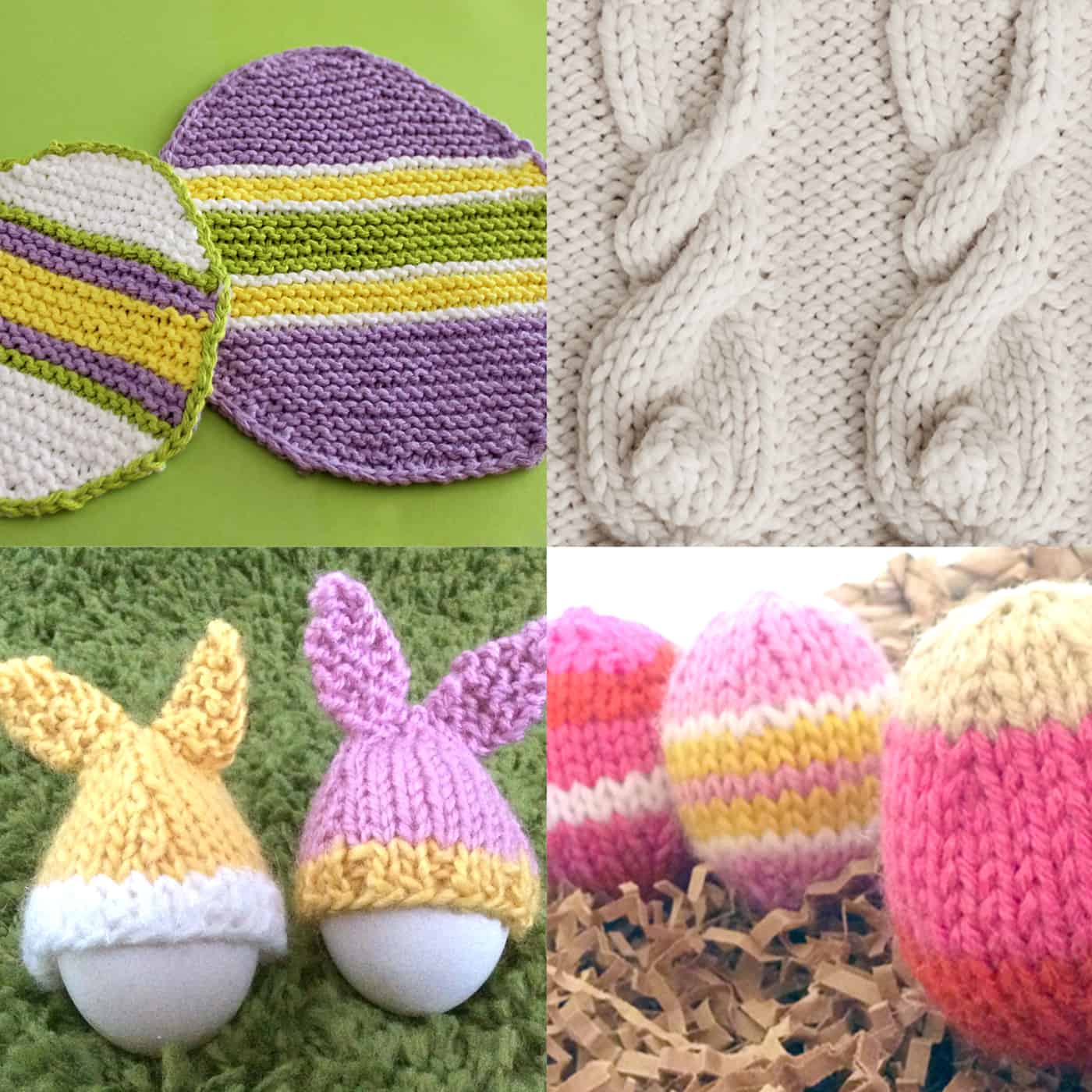 Easter Knitting Projects with Easter Egg Dishcloth, Cable Bunny Stitch, Bunny Ear Egg Cozies, and Egg Softies.