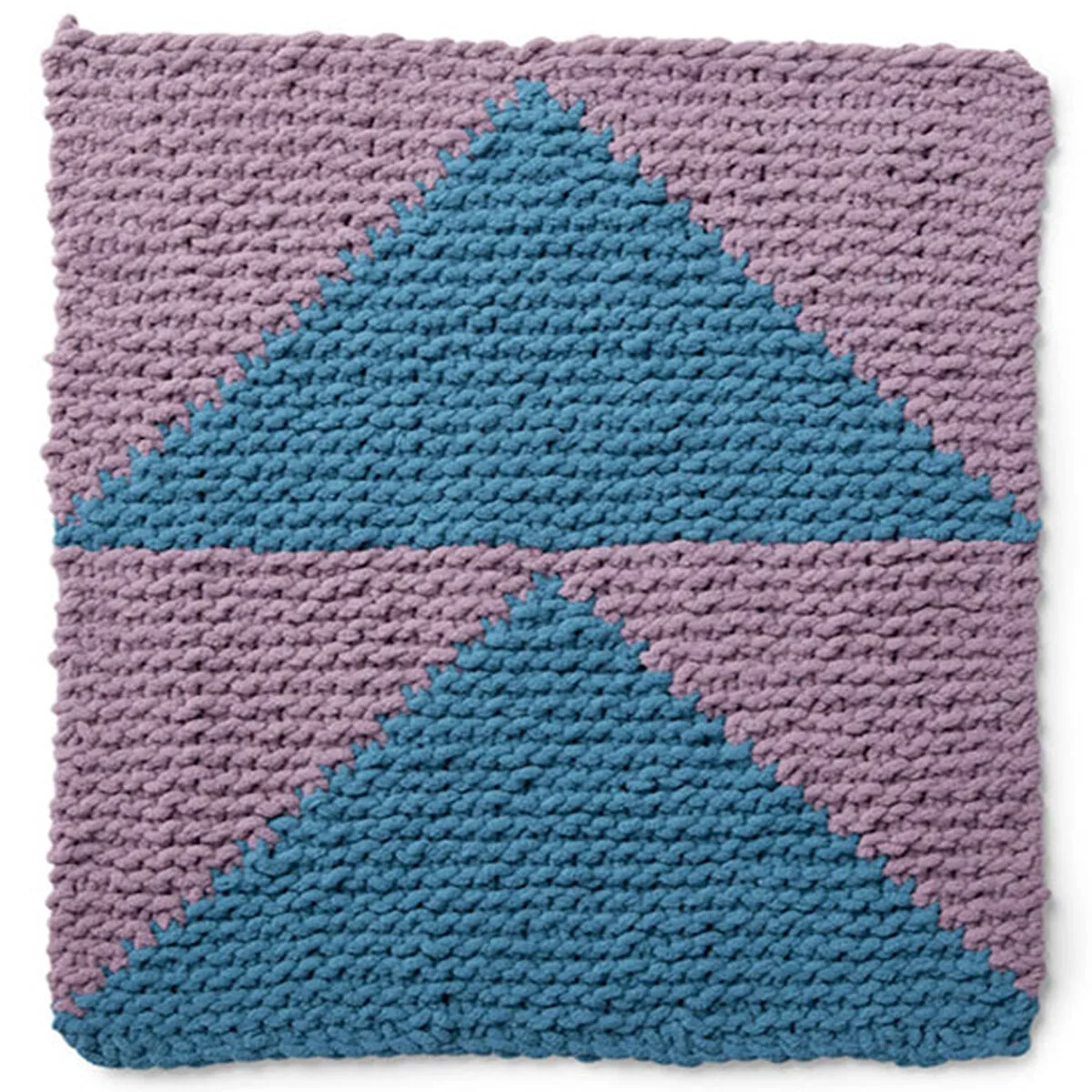 Knitted Square in the Flying Geese Design with shades of blue and purple yarn colors.