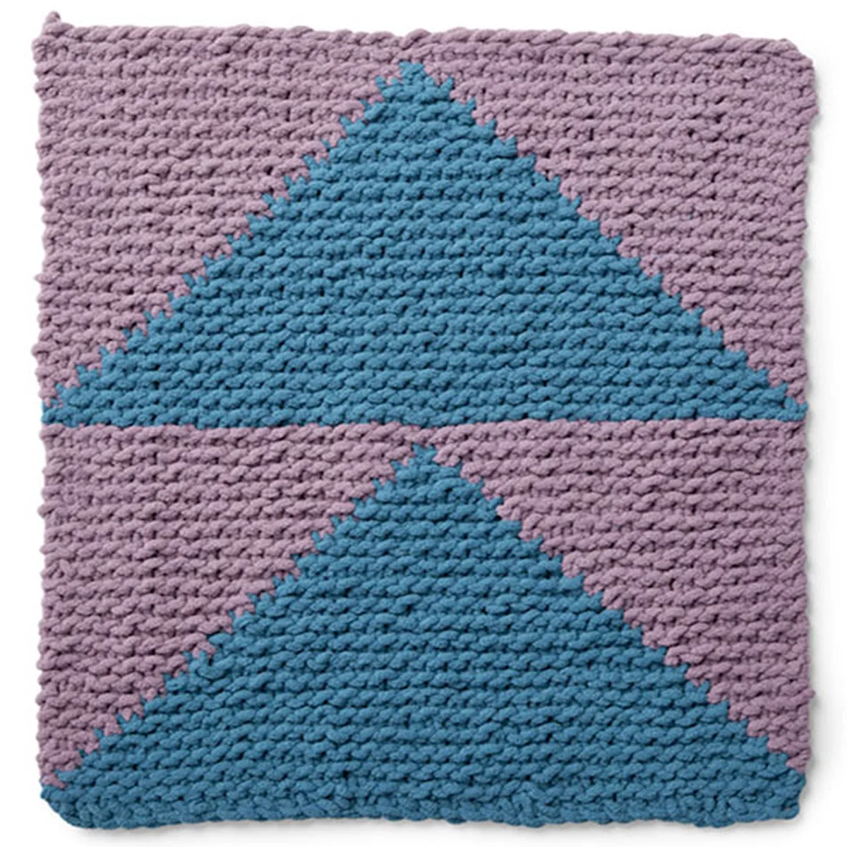 Knitted Square in the Flying Geese Design with shades of blue and purple yarn colors.