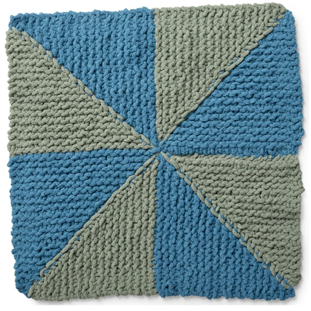 Knitted Square in the Pinwheel Design with blue and green yarn colors.