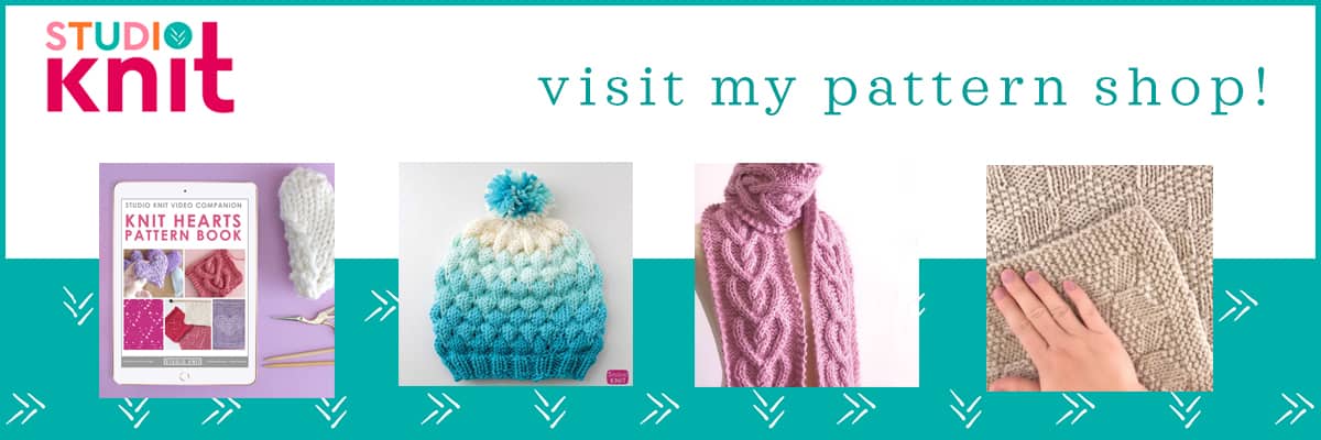 Studio Knit visit my pattern shop with heart pattern e-book, bubble beanie hat, heart cable scarf, and knitted blanket.