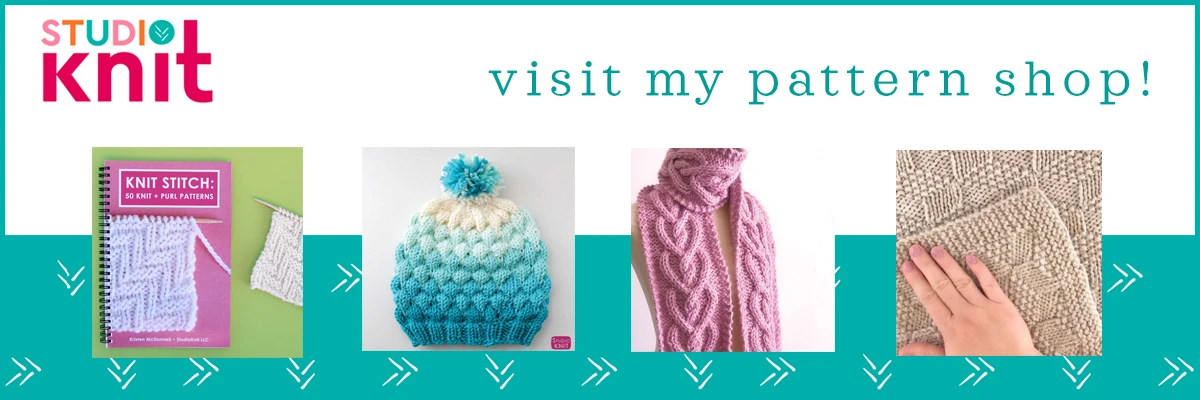 Studio Knit visit my pattern shop with knit stitch book, bubble beanie hat, heart cable scarf, and blanket.