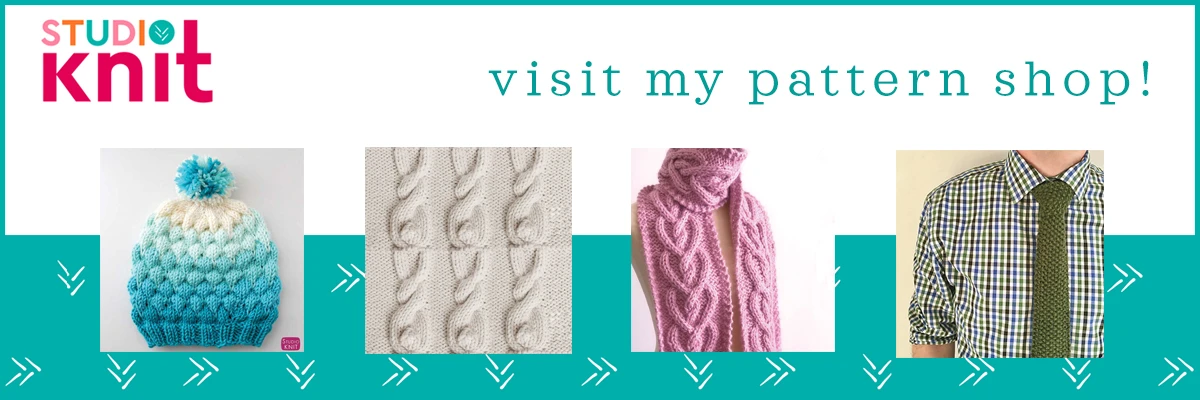 Studio Knit visit my pattern shop with knitted hats, scarves, and cable stitches.