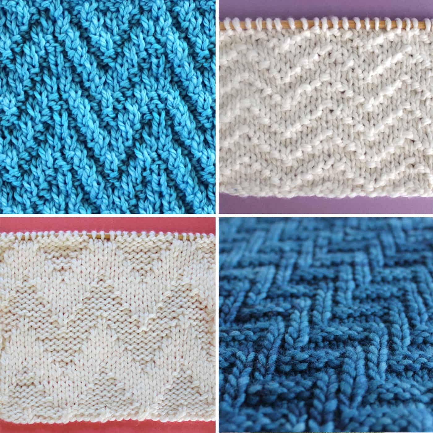 Swatch samples of four of chevron zigzag knit stitch textures in white and blue yarn colors.