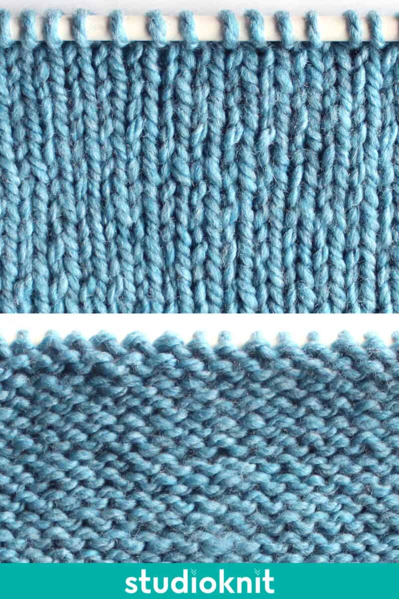 Stockinette Knit Stitch Pattern in blue color yarn on needle with right and wrong sides of the swatch.