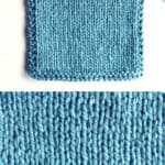 Stockinette Knit Stitch Pattern texture in blue color yarn on knitting needle.