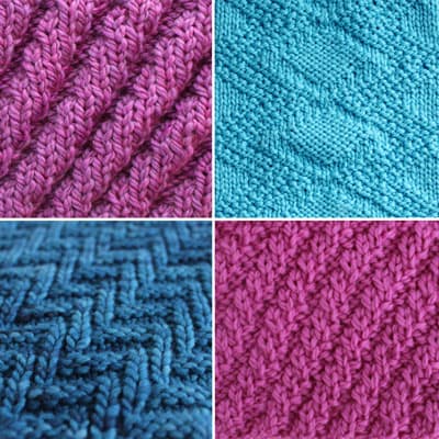 Collection of four diagonal knit stitch patterns in blue and purple yarn colors.